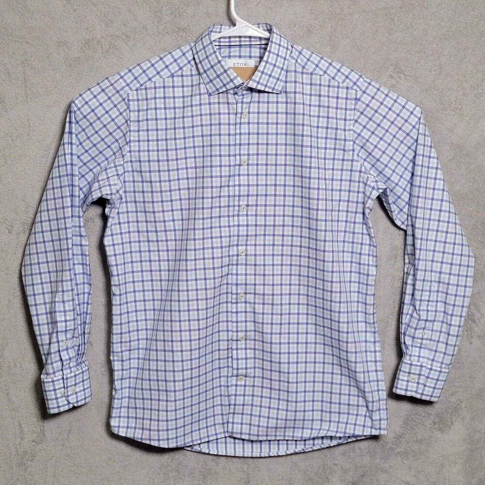 Eton Contemporary Dress Shirt Mens Size 42 16.5 Blue White Plaid Long Sleeve